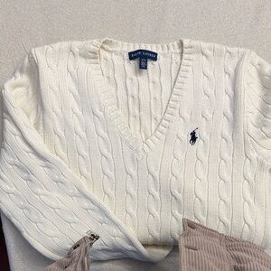 Ralph Lauren Women’s  White V-Neck Cable Sweater